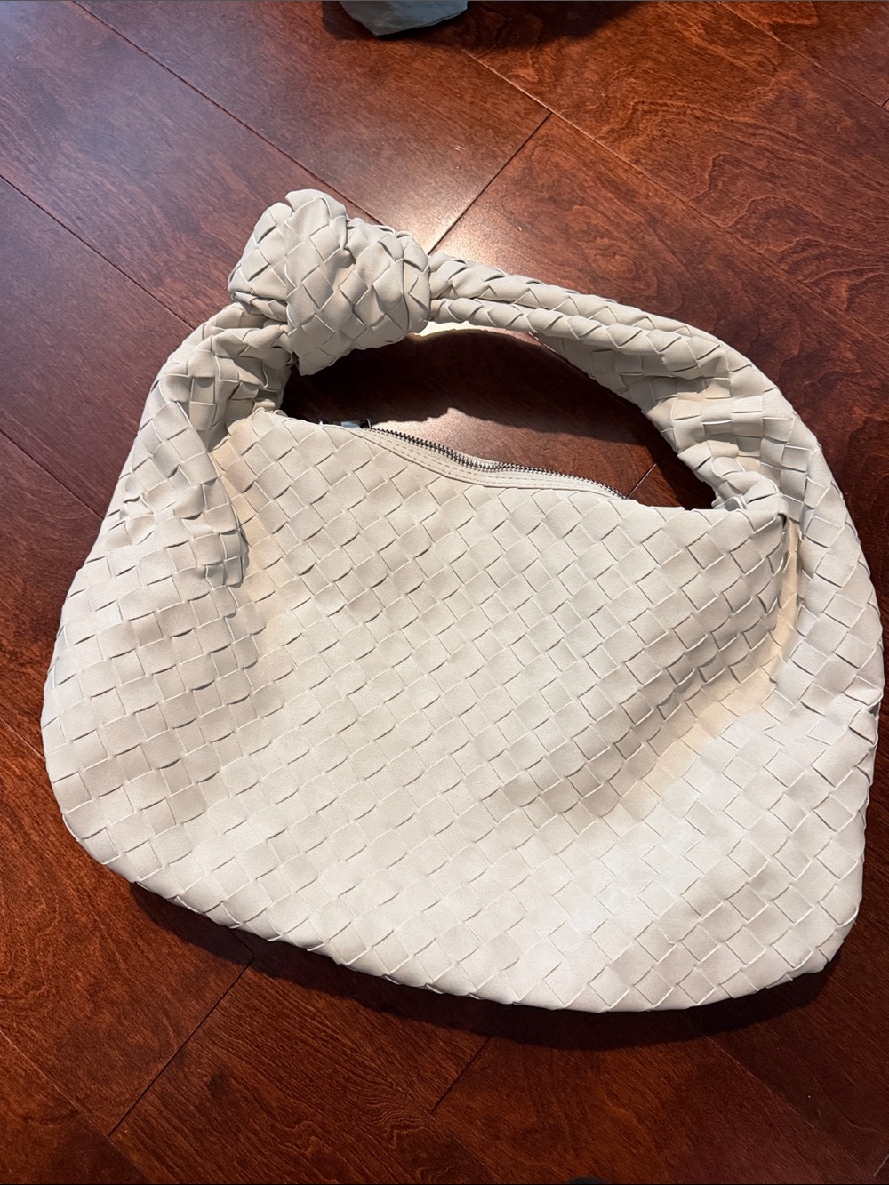 Woven Suede Knot-Handle Shoulder Bag in Cream